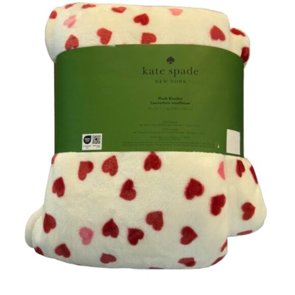 NEW Kate Spade Plush White Blanket with Red and Pink Hearts 98"X92" - Picture 2 of 6